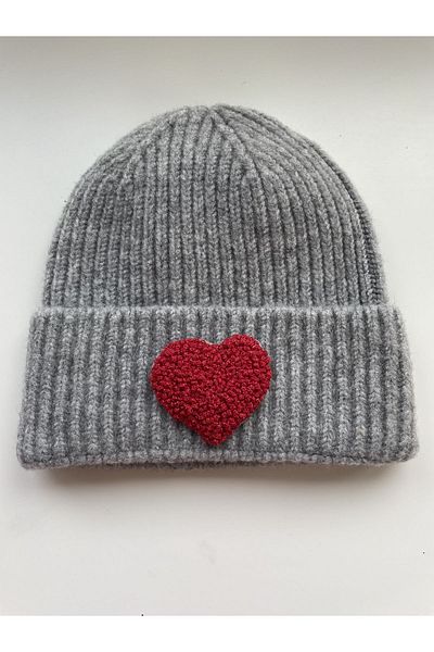byebruketenci Gray Wool Beret Red Heart Punch Detailed Gift