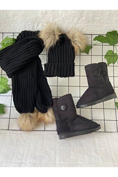 machupıcchu Çocuk Süet Bot Ugg + Çocuk Atkı Bere Takımı Ponponlu