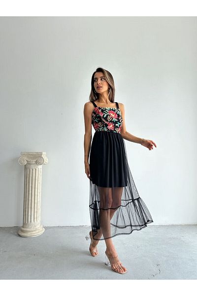 Butik Black Floral Patterned Chest Dress with Tulle Skirt