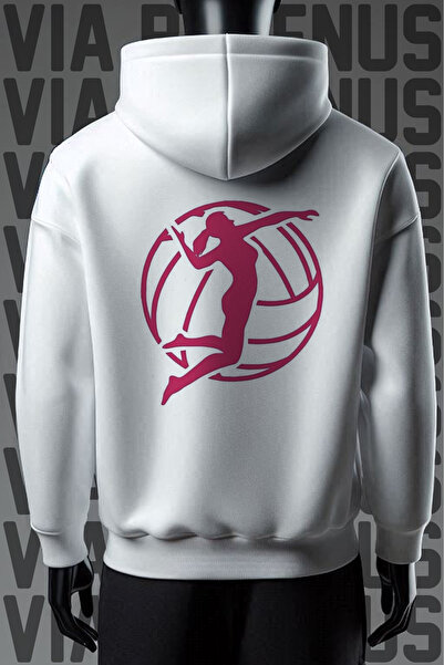 Vordevia Hanorac alb cu glugă cu imprimeu de volei cu croială largă - Buzunar cangur, raster cu 3 fire