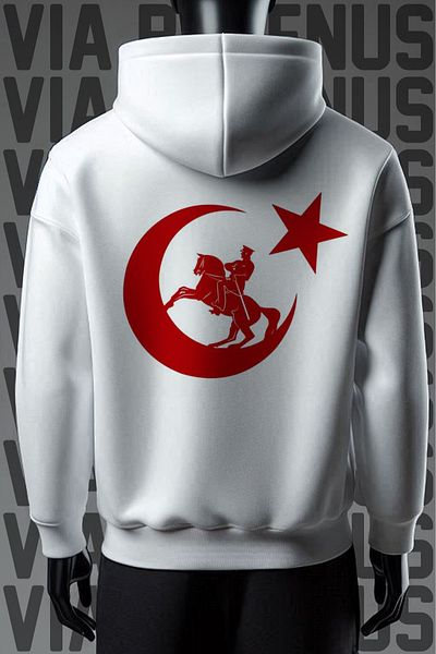Vordevia Ataturk and Moon Star με στάμπα με 3 νήματα καγκουρό τσέπη - φούτερ με φαρδιά λευκή κουκούλα