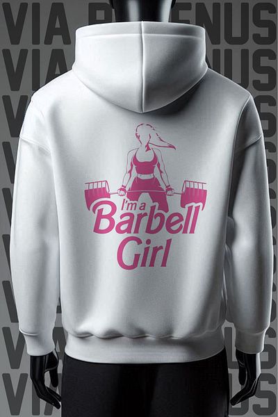 Vordevia Barbell Girl Gym - Hanorac alb cu glugă cu 3 fire cu imprimeu în față și în spate