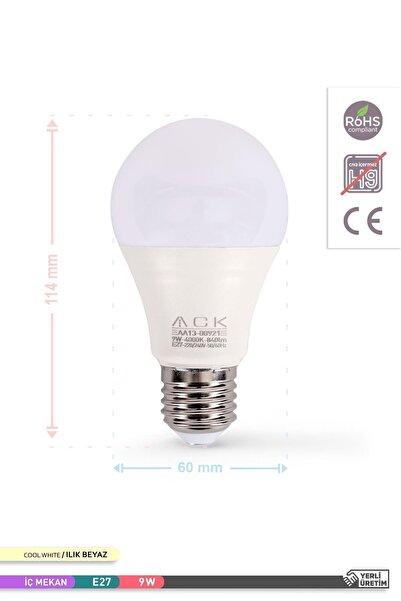 ACK 9w 10'lu Paket A60 Led Ampul 4000k Ilık Beyaz 840lm E27