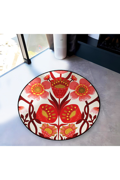 Rugs Modern Halı Red Themed Flower Rose Patterned Round Woven Base Modern Dec...