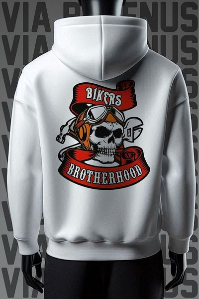 Vordevia Φούτερ με λευκή κουκούλα Bikers Brotherhood 3 νημάτων - Μπροστά και πίσω εμπριμέ