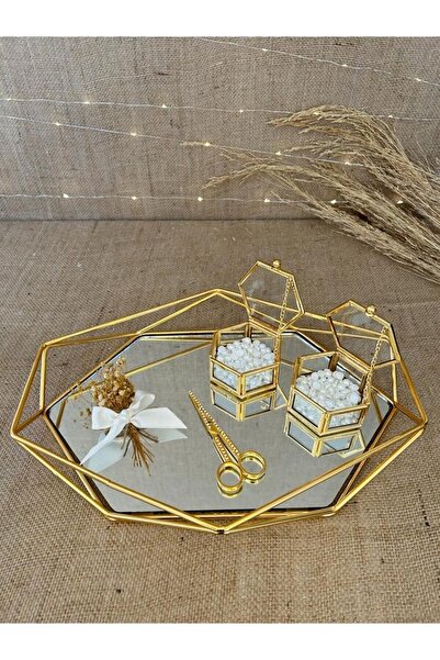 TutkuSetUp İnci Detaylı Prizma Aynalı Söz-Nişan-İsteme Tepsi Seti
