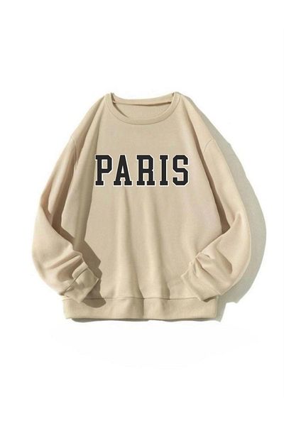 OFFSIDESIGN Γυναικείο φούτερ Paris Printed - Crew Neck, Oversize Loose Cut, Μαύρο Λευκό Μπεζ Καφέ