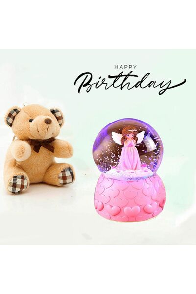 rk tasarım Pembe Mini Peri Işıklı Kar Küresi Arkadaşa Hediye & Mini Peluş Ayıcık