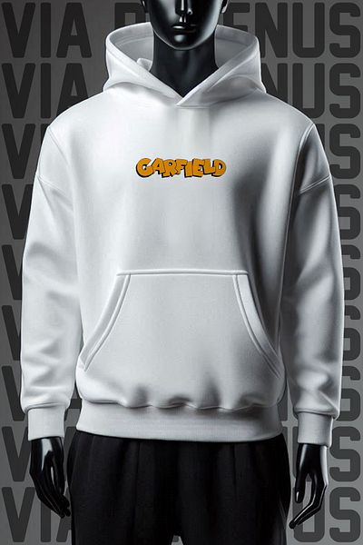 Vordevia Garfield Pattern - Φούτερ με 3 νήματα, φαρδιά εφαρμογή, λευκή κουκούλα