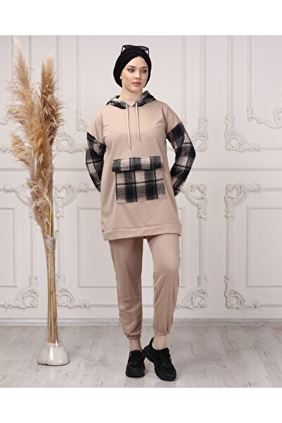 CNG MODA Γυναικείο σετ αθλητικής φόρμας με καρό κουκούλα και λαβή