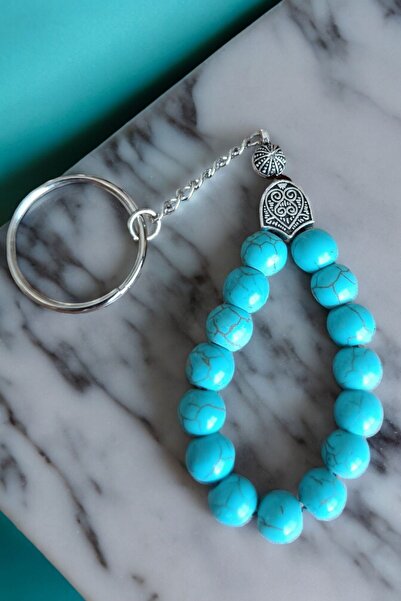 MGA DOĞAL TAŞ نموذج مسبحة طبيعية - مادة الفيروز والفيروز والفولاذ، سلسلة مفاتيح من الحجر الطبيعي