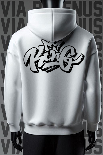 Vordevia Суитшърт с качулка King White - 3 прежди, широк модел, щампа отпред ...
