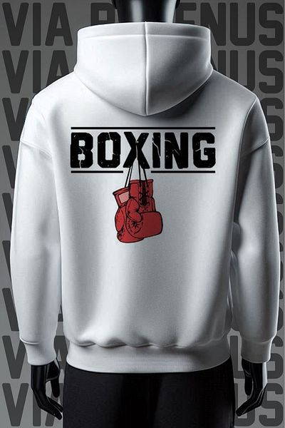Vordevia Boxing Patterned - 3 Thread White Hooded Wide Sweatshirt