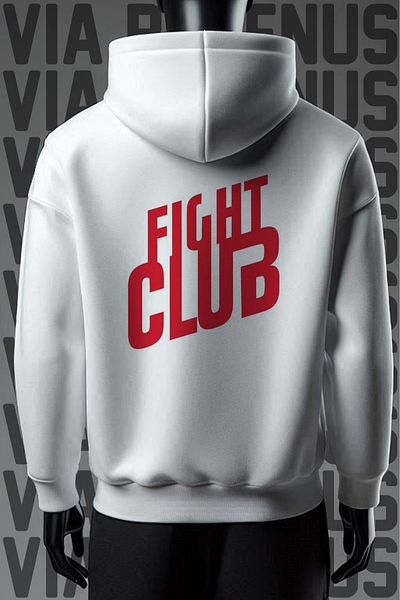 Vordevia Hanorac Fight Club 3 Thread, alb, cu glugă, cu croială largă - Imprimat pe față și pe spate