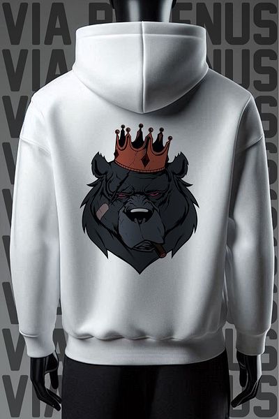Vordevia Φούτερ King Bear με 3 νήματα λευκή κουκούλα φαρδιά εφαρμογή - Μπροστινή και πίσω στάμπα