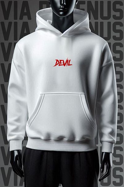 Vordevia Devil Printed - Φούτερ με 3 νήματα, φαρδιά εφαρμογή, λευκή κουκούλα