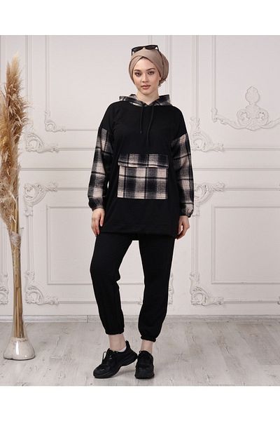 CNG MODA Women's Sleeve Plaid Hooded Tracksuit Set
