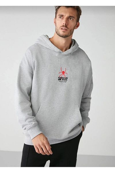 Moda Işık Φούτερ με 3 νήματα με ράστερ κόκκινη αράχνη με στάμπα γκρι χρώμα με κουκούλα καγκουρό τσέπη Unisex