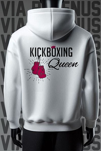 Vordevia Kickboxing Queen White Hooded Sweatshirt - 3 Thread, Wide Fit