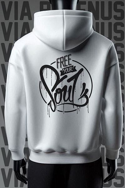 Vordevia Free Your Soul - Hanorac alb cu glugă cu 3 fire, cu imprimeu în față și în spate
