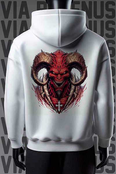 Vordevia Devil Printed - Φούτερ με 3 νήματα, φαρδιά εφαρμογή, λευκή κουκούλα