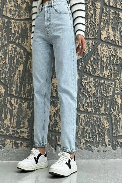 BİENAL BUTİK SASA Сині жіночі джинси Mom Jeans з високою талією та еластичною стрічкою - з ефектом «снігового прання»