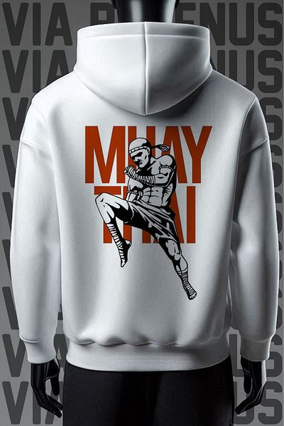 Vordevia Φούτερ με λευκή κουκούλα με σχέδιο Muay Thai - 3 νήματα, φαρδιά εφαρμογή