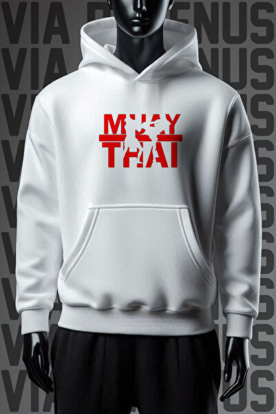 Vordevia MUAY THAI Hanorac alb cu glugă, cu imprimeu față și spate, cu 3 fire