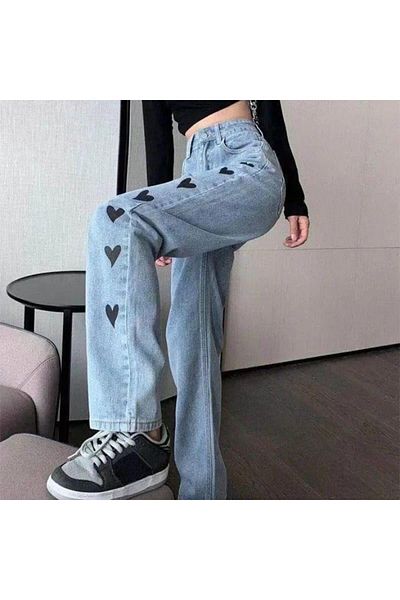 Touz Moda Baggy Blue Trousers - Heart Embroidered Streetwear