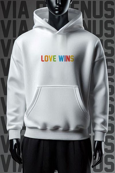 Vordevia Love Wins Front and Back Printed 3 Thread Wide Fit White Hooded Sweatshirt