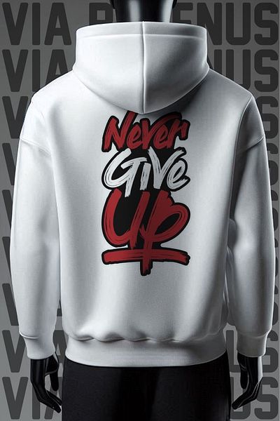 Vordevia Hanorac alb cu glugă Never Give Up cu 3 fire - Imprimat pe față și pe spate