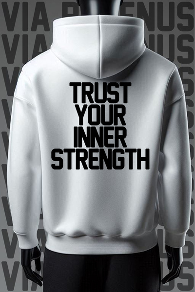 Vordevia سويت شيرت أبيض بغطاء للرأس - 3 خيوط، مقاس واسع، مطبوع من الأمام والخلف