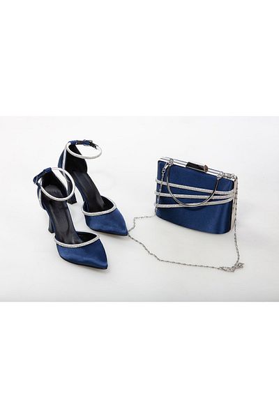 Modavien Women's Stoned 9 Cm Navy Blue Evening Shoes and Bag Combination 354ç (Buy Yourself Size)