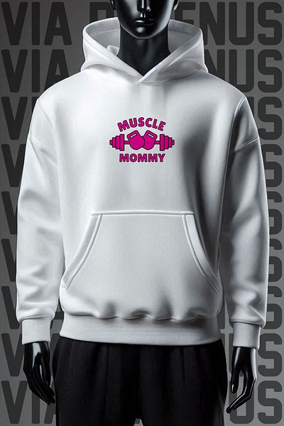 Vordevia Hanorac alb cu glugă Muscle Mommy cu 3 fire - Imprimat pe față și pe spate