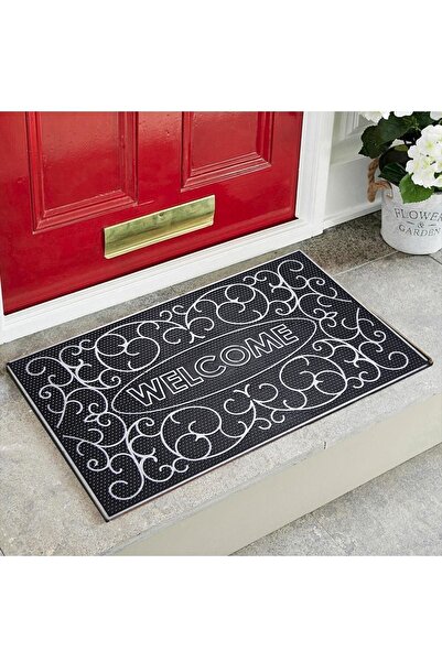 BirceHome Dekoratif Sarmaşık Desenli Gri Kapı Önü Paspası