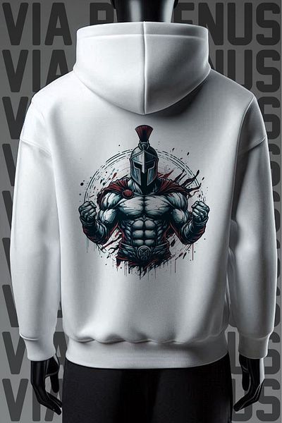 Vordevia Hanorac Gladiator 3 Thread, alb, cu glugă, cu croială largă - Imprimat pe spate