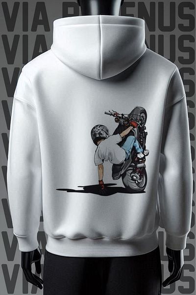 Vordevia Φούτερ Biker White Hooded - Μονότροχος, 3 νήματα, Φαρδιά Εφαρμογή
