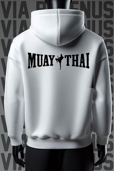 Vordevia Φούτερ με λευκή κουκούλα με σχέδιο Muay Thai - 3 νήματα, φαρδιά εφαρμογή