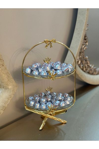 Kardelen Kristal Two-Tier Gold Presentation Serving Dishes
