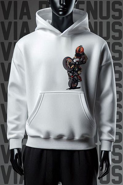 Vordevia Φούτερ Biker White Hooded - Μονότροχος, 3 νήματα, Φαρδιά Εφαρμογή