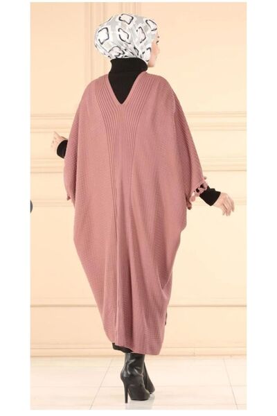 CNR TEKSTİL Rose Colored Sleeves Tassel Detailed Poncho