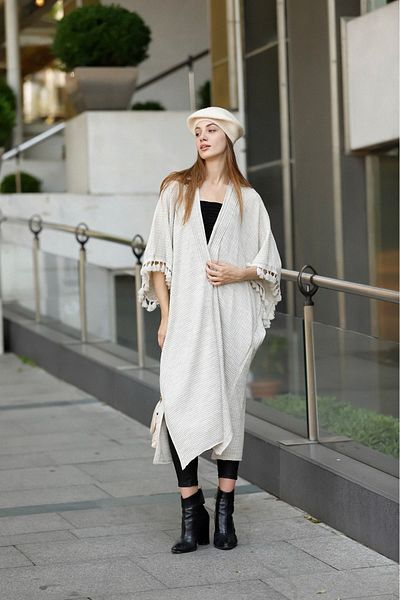 CNR TEKSTİL STONE COLORED SLEEVES TASSEL DETAILED PONCHO