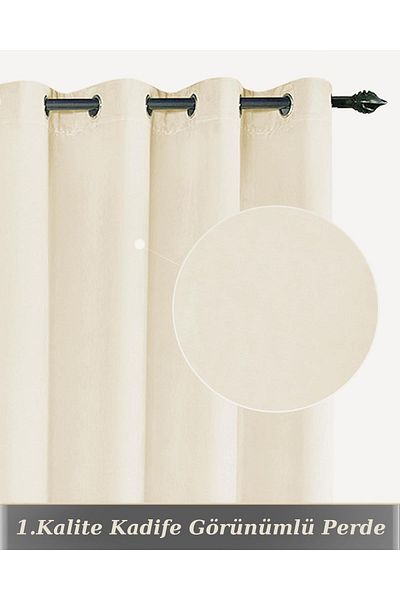 Pyramid Home Velvet Textured Background Curtain - Cream Velvet Textured Soft Rustic Eyelet Close Ring Background Curtain