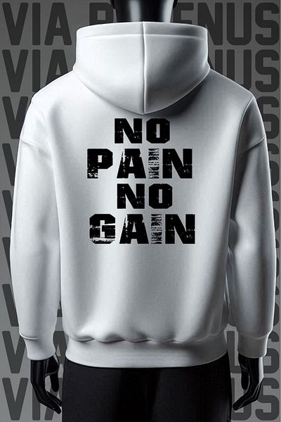 Vordevia Φούτερ No Pain No Gain με 3 νήματα λευκή κουκούλα - Μπροστά και πίσω εμπριμέ