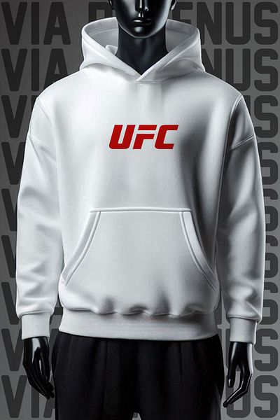 Vordevia Ufc 3 Thread White Hooded Wide Fit Sweatshirt - Front and Back Printed
