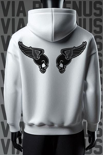 Vordevia Φούτερ Wings Skull 3 νήματα με λευκή κουκούλα φαρδιά εφαρμογή - Μπροστινή και πίσω στάμπα