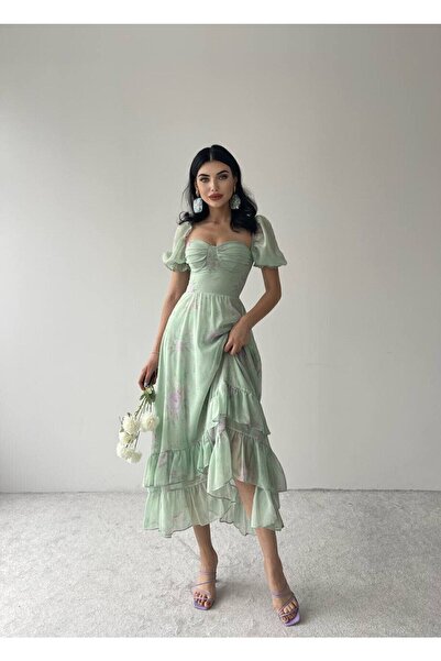 WOWBUTİK Rochie midi Kant Aqua Green Tulle Detaliată