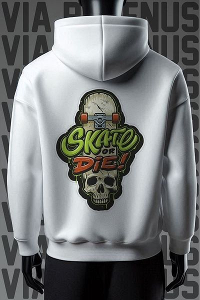 Vordevia Φούτερ Skate or Die Με Σχέδιο Πίσω ΚΑΙ Μπροστά 3-νημάτων Λευκό με Κούμπωμα
