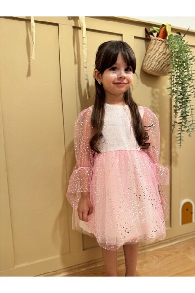 Little Pumpkin Kız Cocuk Yıldız Baskılı Tul Kollu Özel Gün Doğumgünü Elbise, Bayramlık Elbise