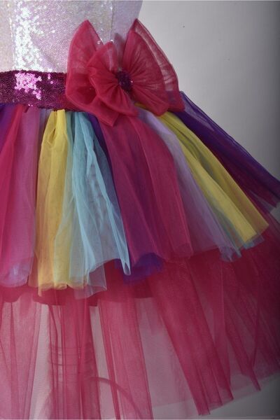 Papatya Kız Çocuk Fuşya Pul İşlemeli Tütülü Elbise